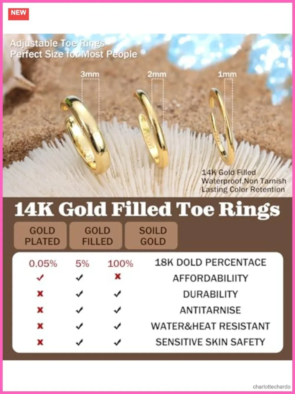 14K Gold Plated Toe Rings Set for Women - Stacking Adjustable